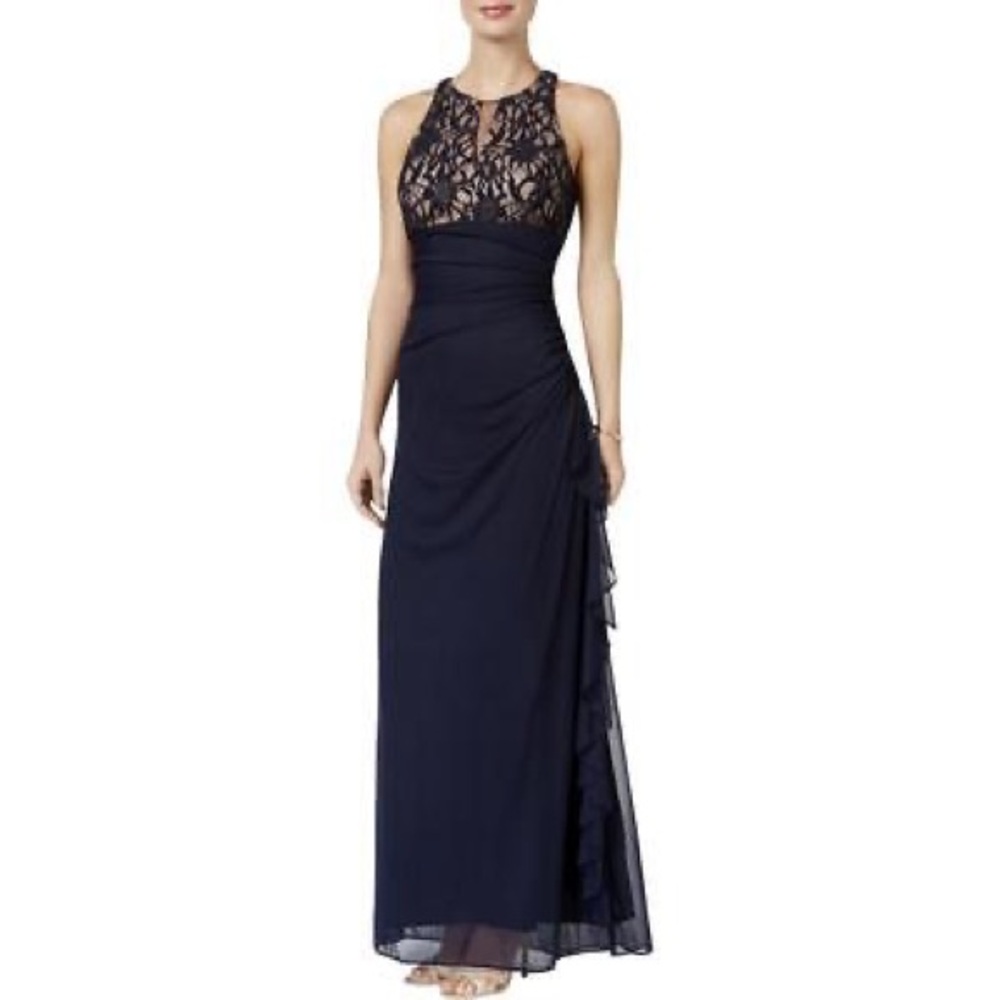 Elegant Navy Lace Evening Gown